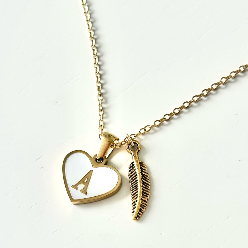 Initial Letter Necklace. A. Gold Heart and Feather 14k Gold Plated